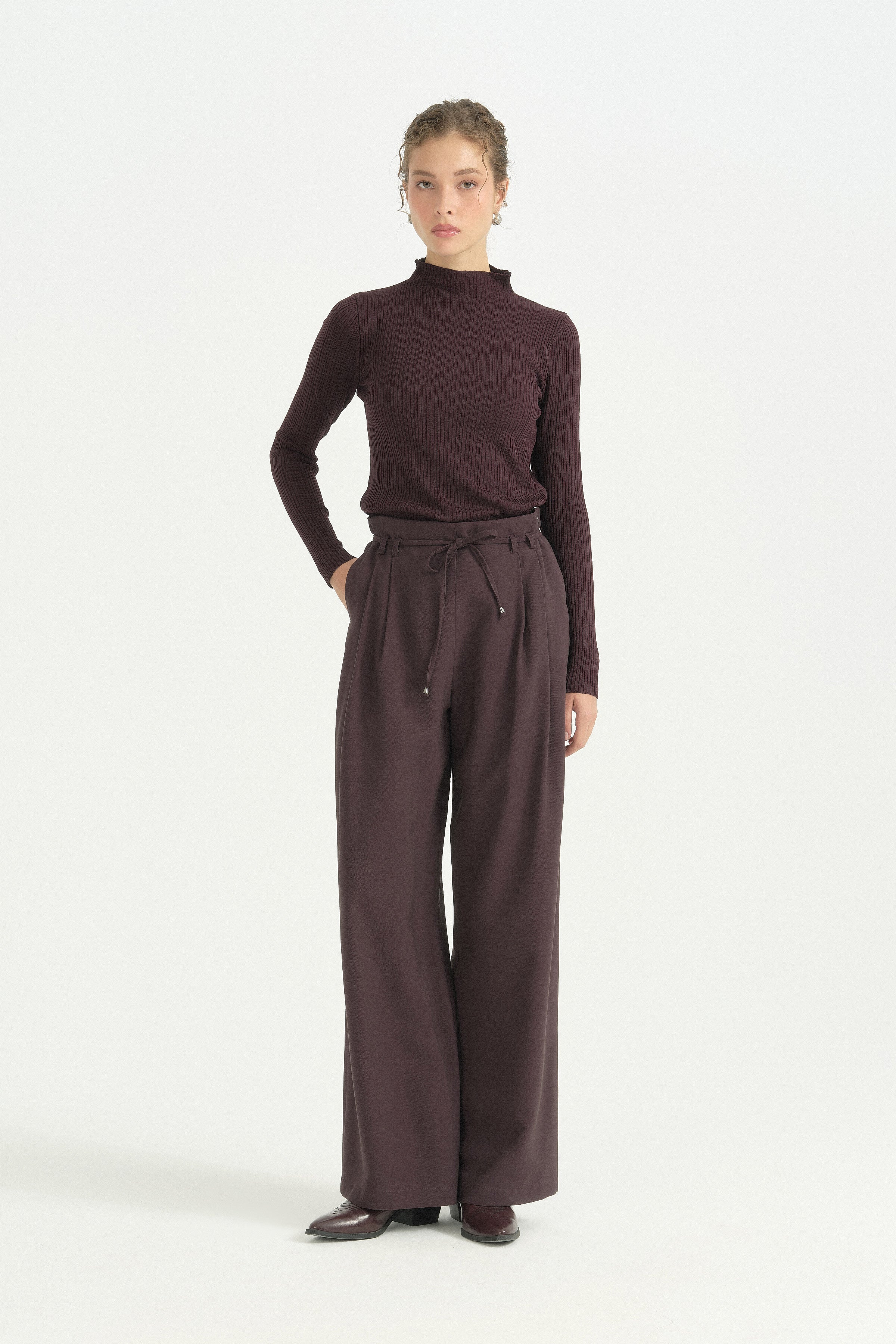 Pili Detaylı Bağcıklı Modal Pantolon - Mürdüm