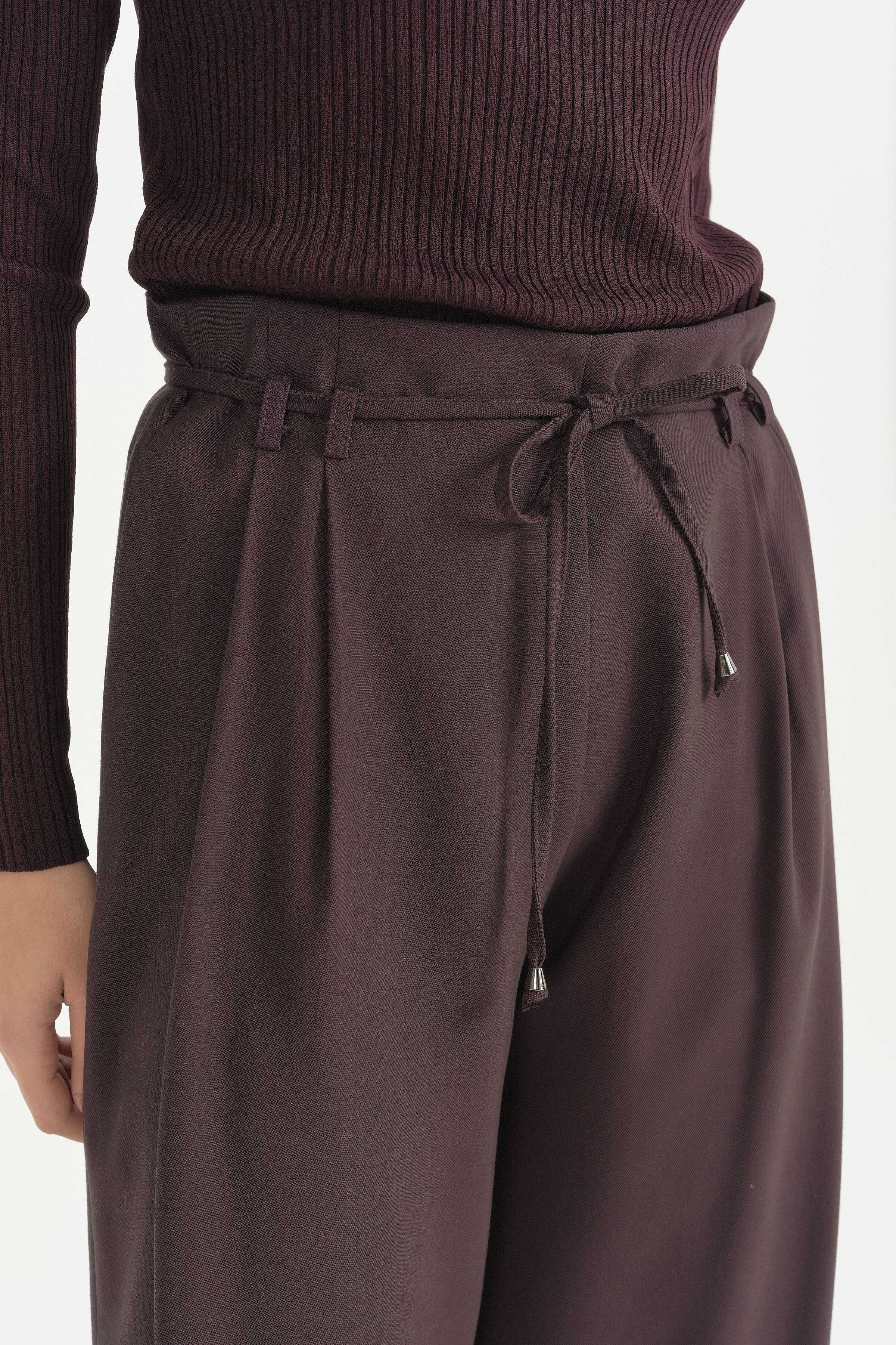 Pili Detaylı Bağcıklı Modal Pantolon - Mürdüm