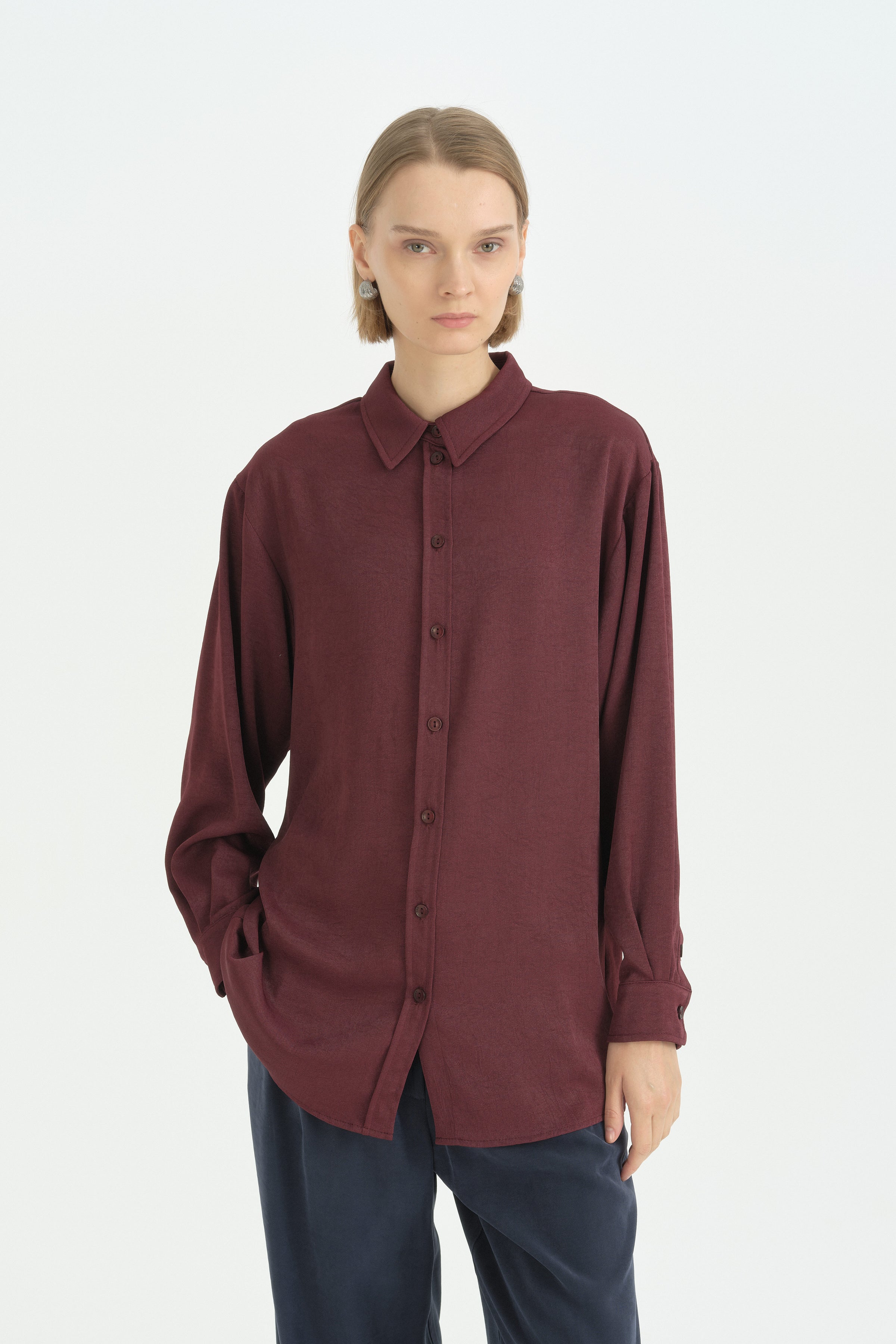 Pili Detaylı Vintage Gömlek - Bordo