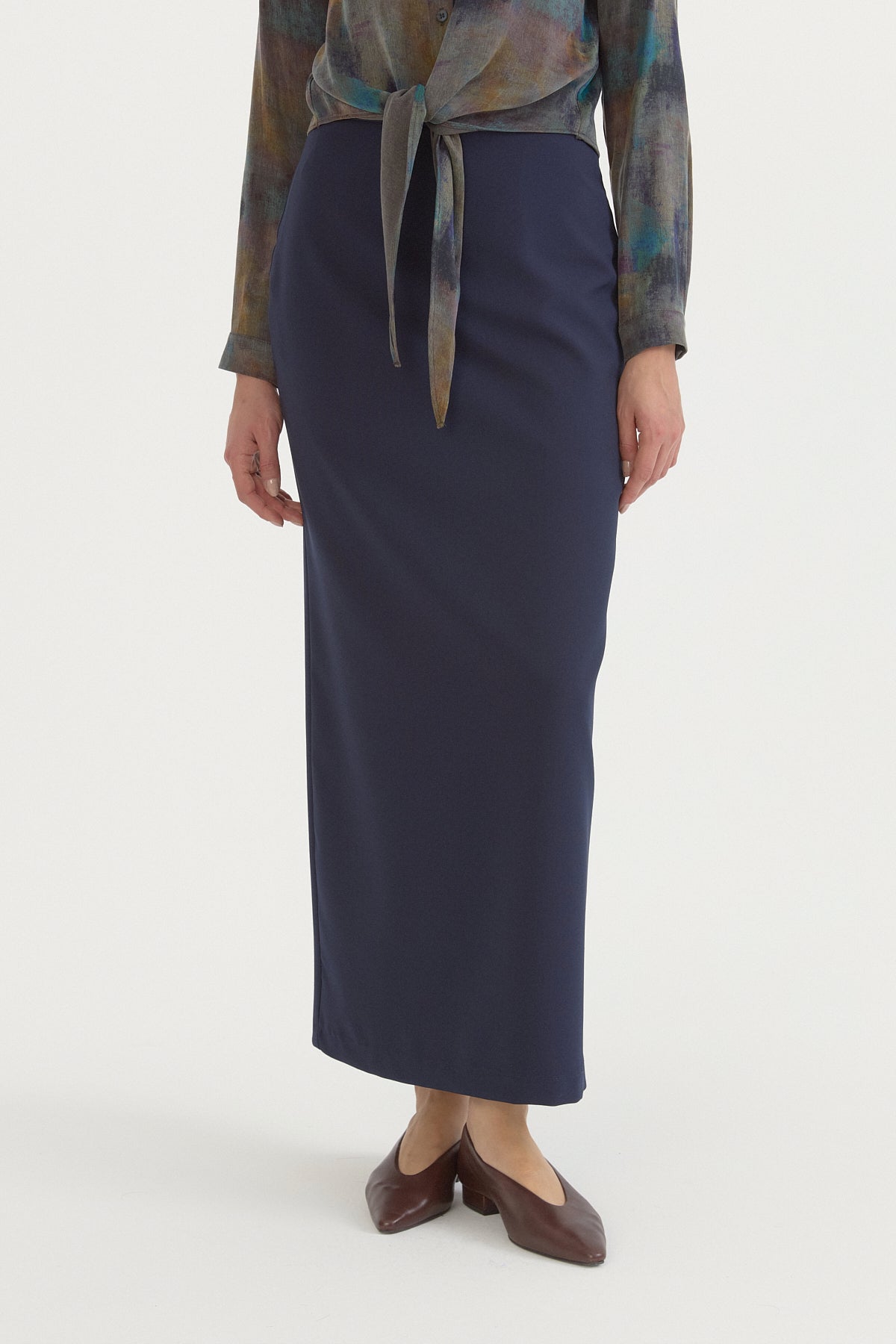 Pleated Pencil Skirt - Navy Blue