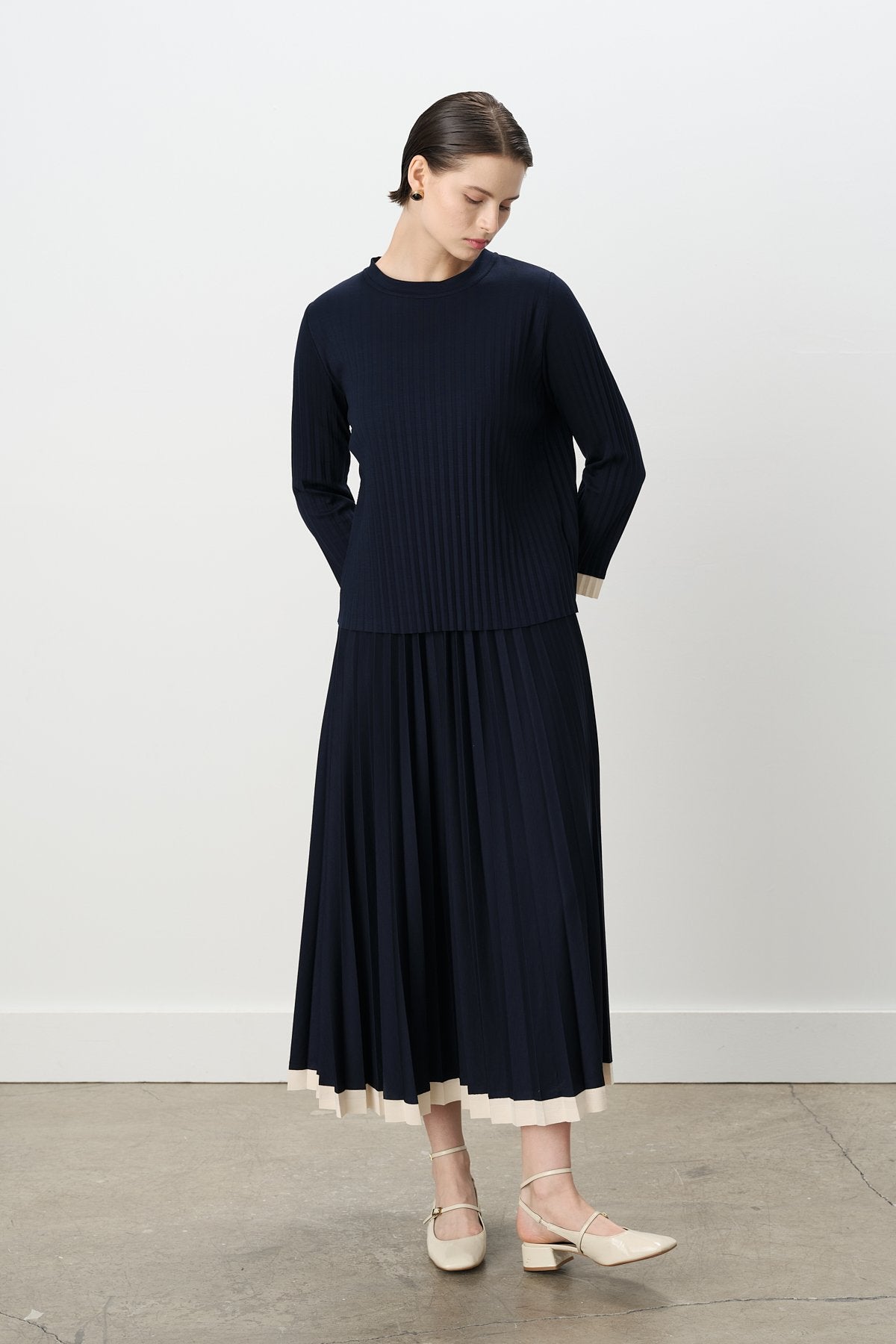 Pleated Skirt and Blouse Set - Navy Blue
