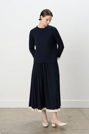 Pleated Skirt and Blouse Set - Navy Blue
