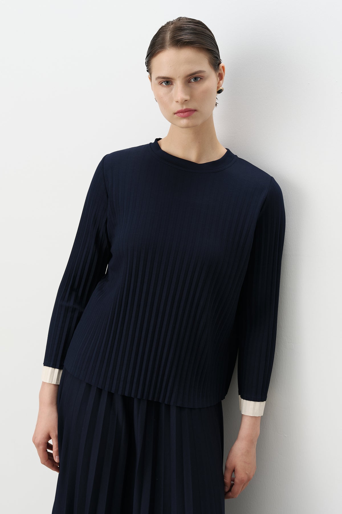 Pleated Skirt and Blouse Set - Navy Blue