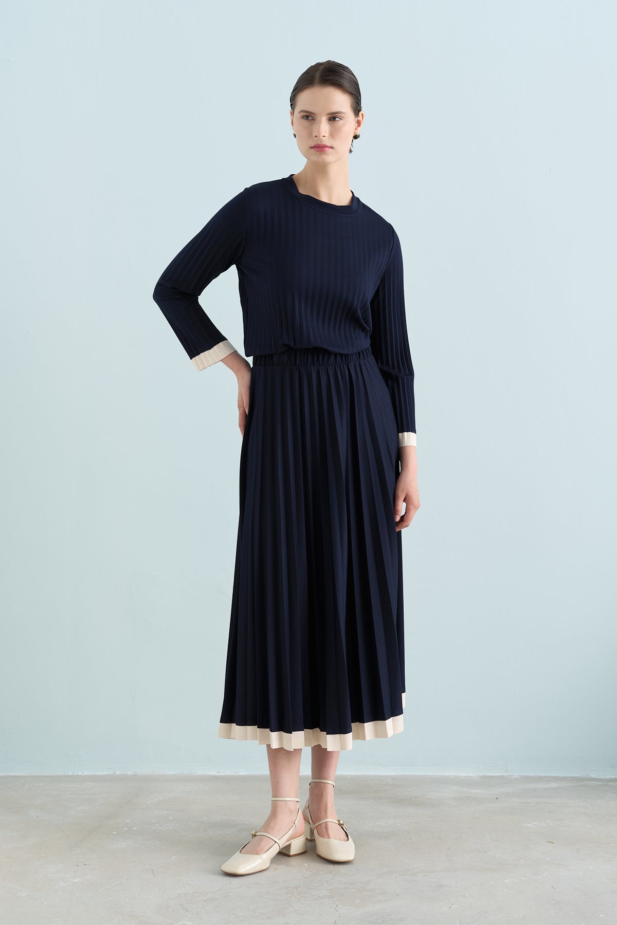 Pleated Skirt and Blouse Set - Navy Blue