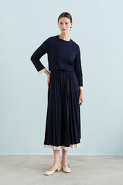 Pleated Skirt and Blouse Set - Navy Blue
