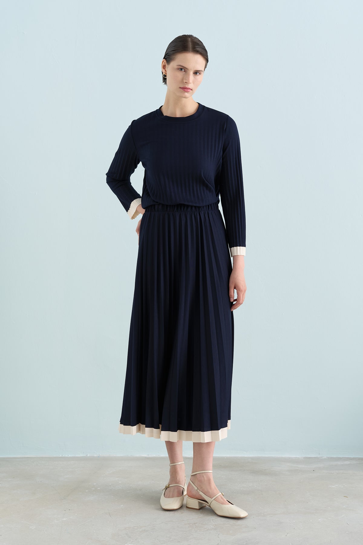 Pleated Skirt and Blouse Set - Navy Blue
