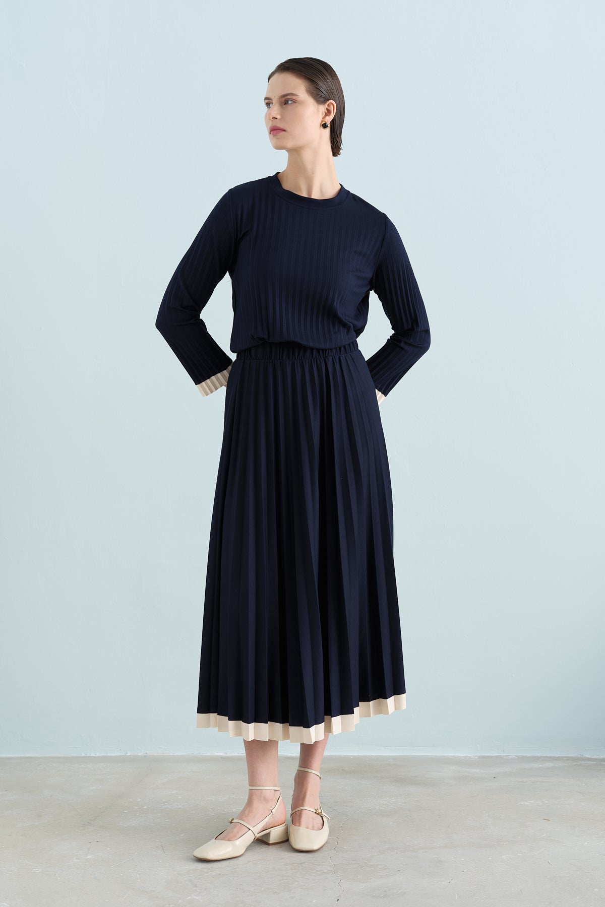 Pleated Skirt and Blouse Set - Navy Blue