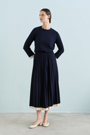 Pleated Skirt and Blouse Set - Navy Blue