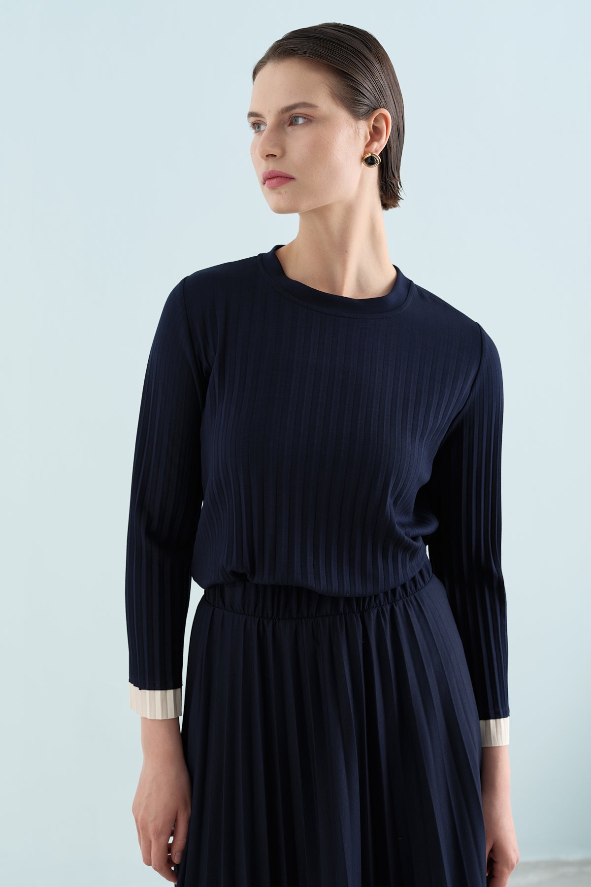 Pleated Skirt and Blouse Set - Navy Blue