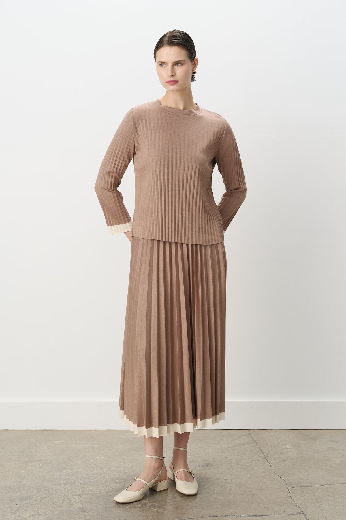 Pleated Skirt and Blouse Set - Mink
