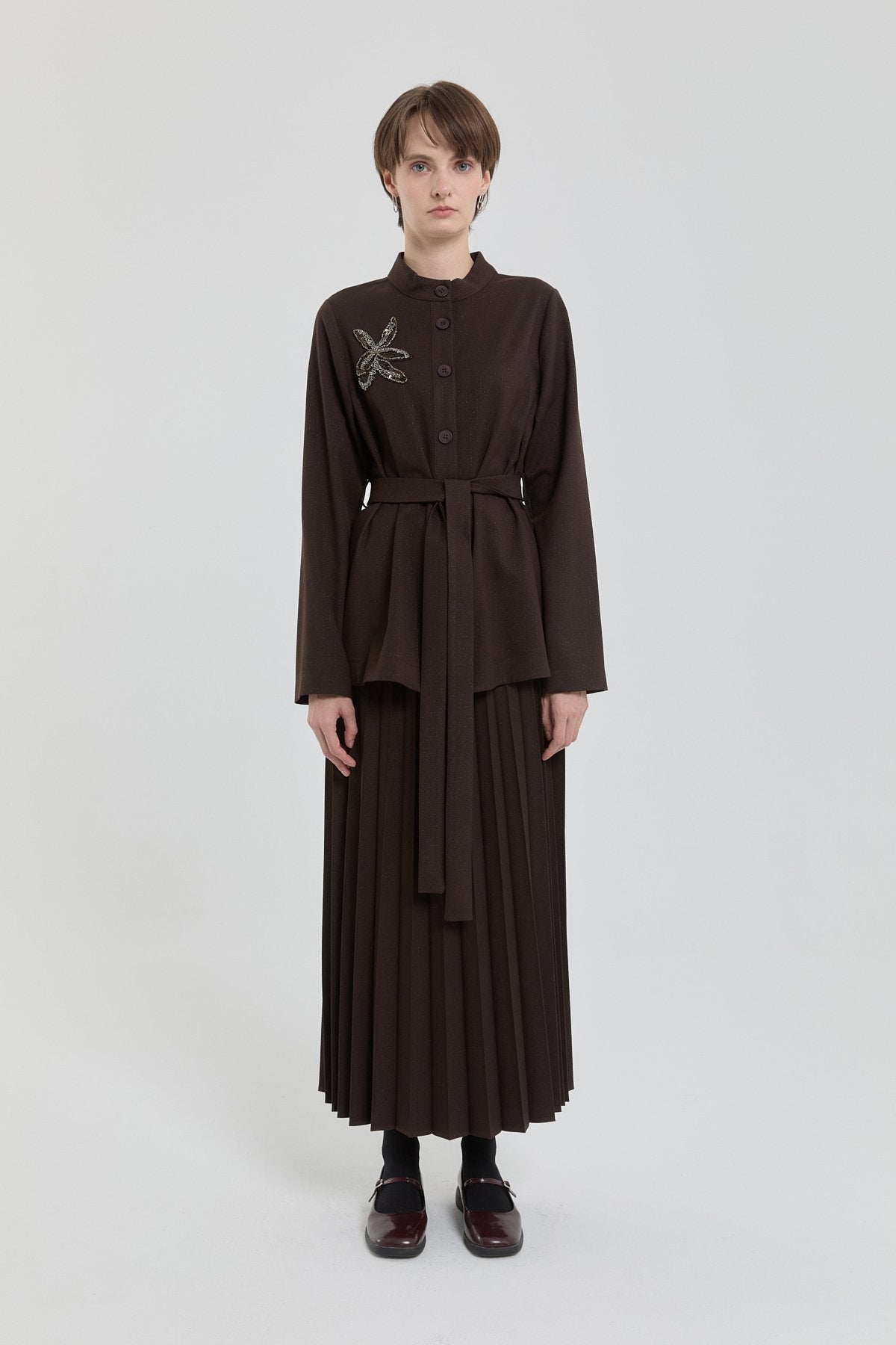 Pleated Skirt and Jacket Set - Brown