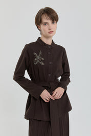 Pleated Skirt and Jacket Set - Brown
