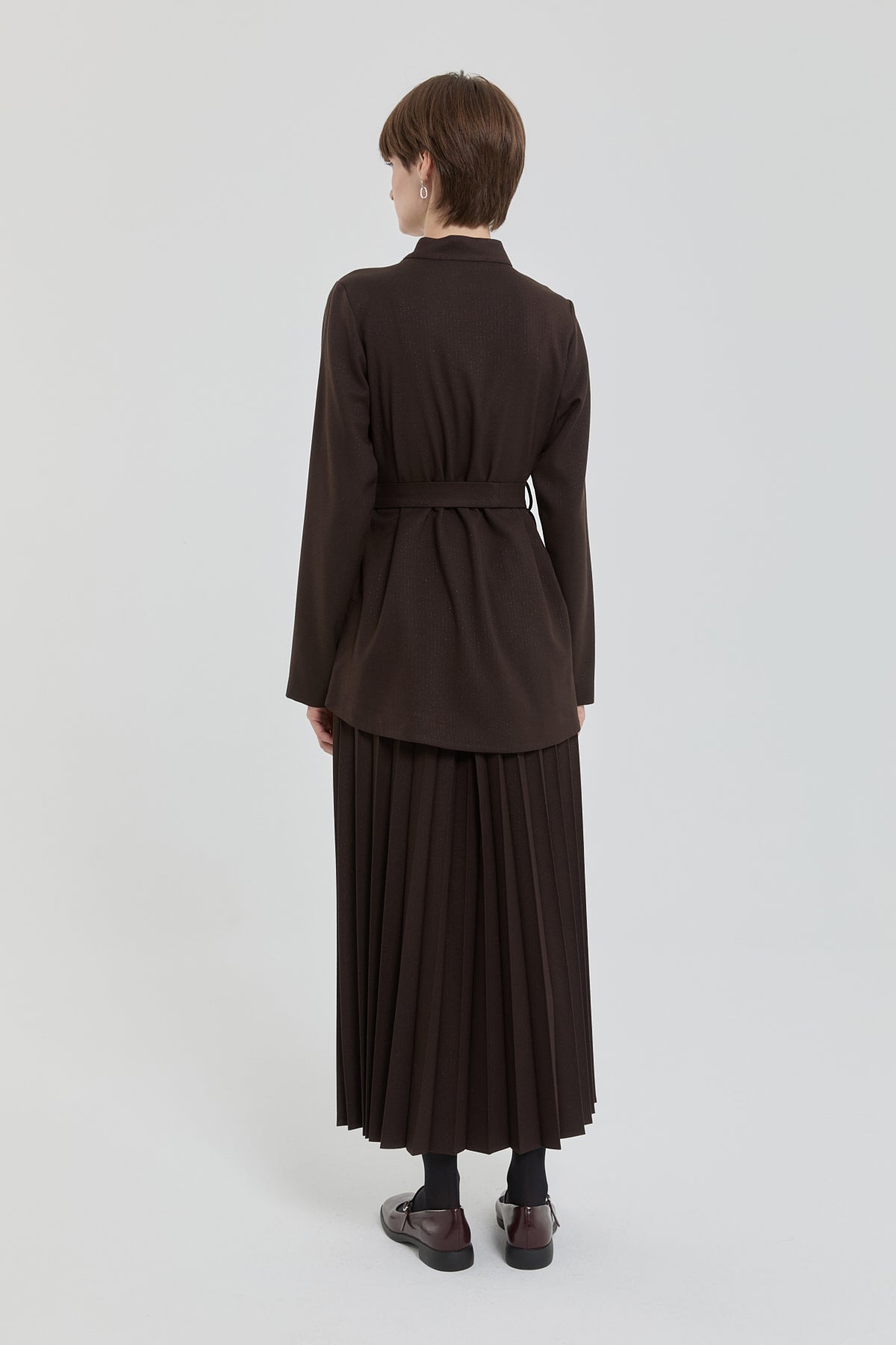 Pleated Skirt and Jacket Set - Brown