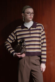Polo Collar Crop Sweater - Burgundy