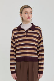 Polo Collar Crop Sweater - Burgundy