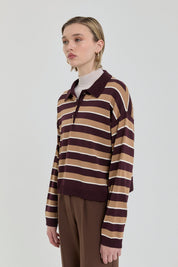 Polo Collar Crop Sweater - Burgundy