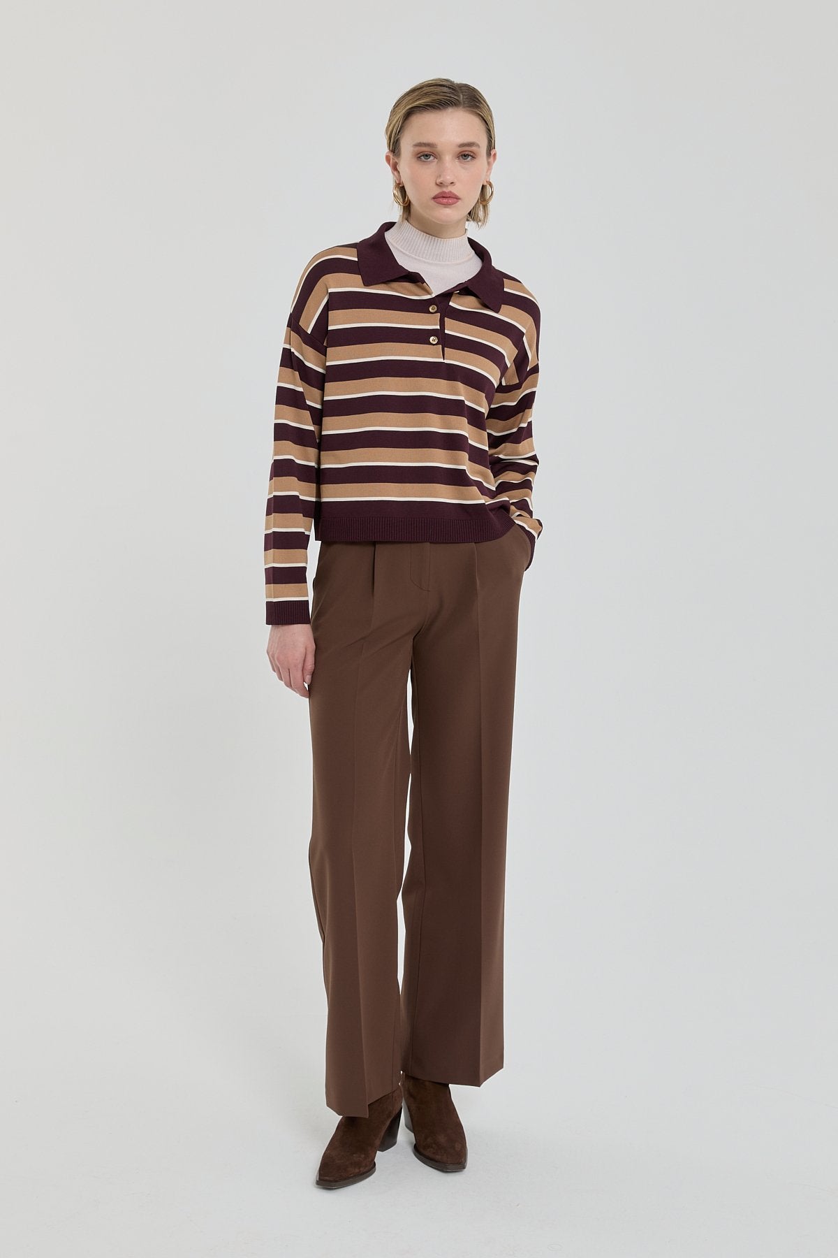 Polo Collar Crop Sweater - Burgundy