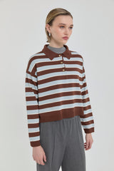 Polo Collar Crop Sweater - Brown