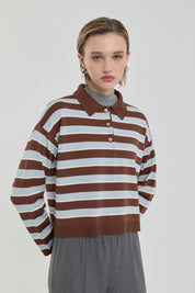 Polo Collar Crop Sweater - Brown