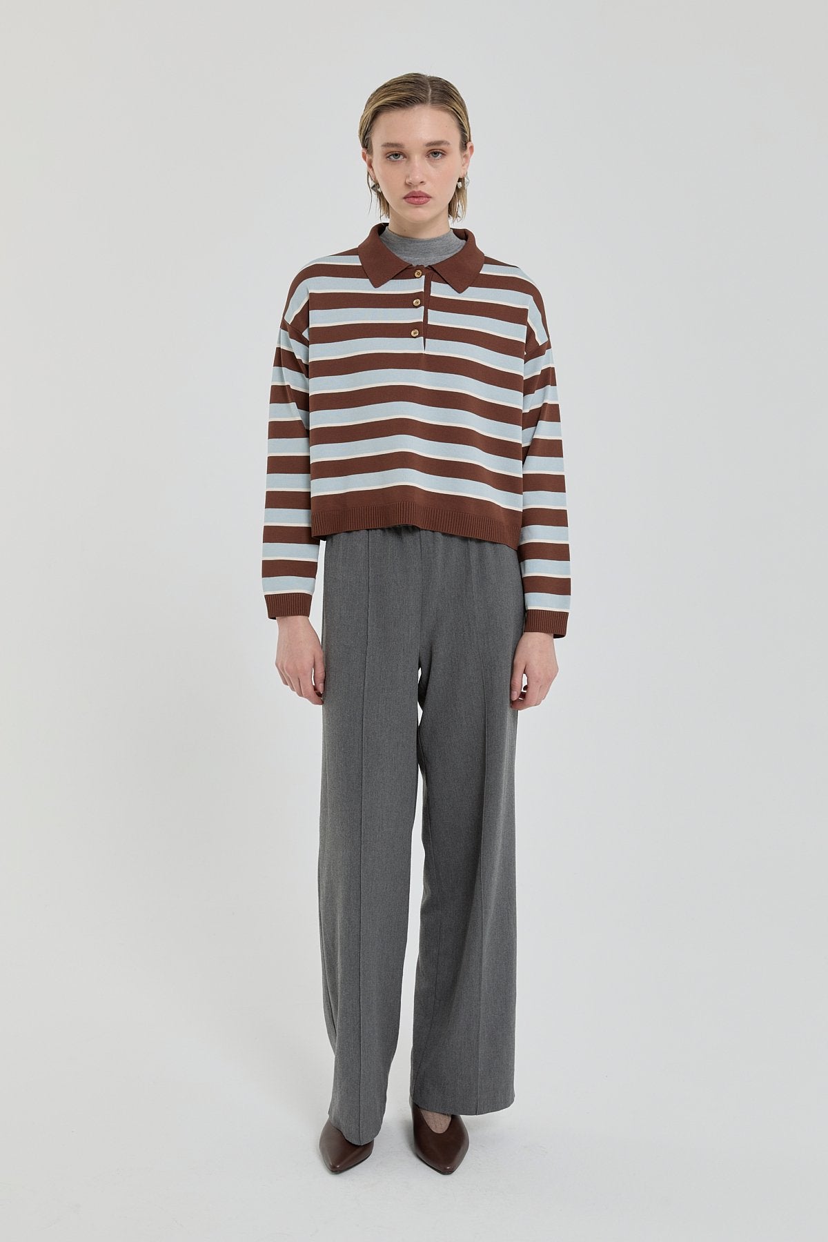 Polo Collar Crop Sweater - Brown