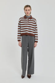 Polo Collar Crop Sweater - Brown