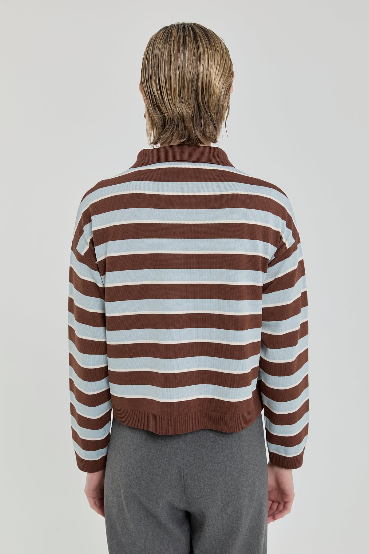 Polo Collar Crop Sweater - Brown