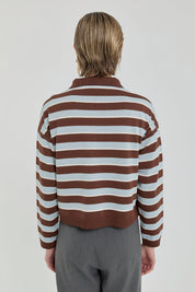 Polo Collar Crop Sweater - Brown