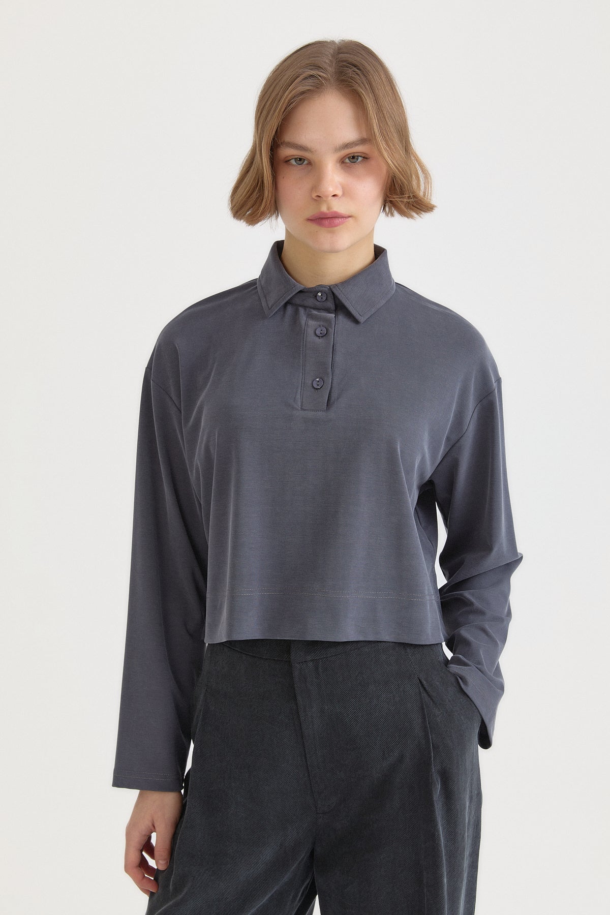 Polo Neck Long Sleeve Crop T-Shirt - Indigo