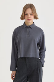 Polo Neck Long Sleeve Crop T-Shirt - Indigo