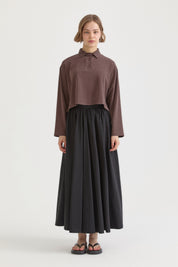 Polo Yaka Uzun Kollu Crop T-Shirt - Kahve