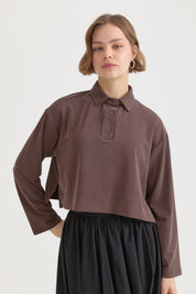 Polo Yaka Uzun Kollu Crop T-Shirt - Kahve