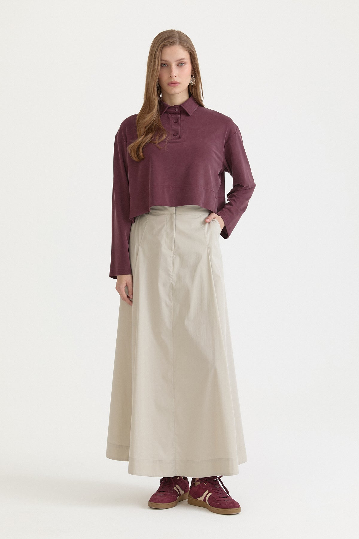 Polo Yaka Uzun Kollu Crop T-Shirt - Mürdüm