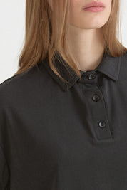 Polo Yaka Uzun Kollu Crop T-Shirt - Siyah