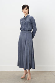 Premium Double Zipper Detail Flared Cupra Skirt - Indigo