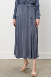 Premium Double Zipper Detail Flared Cupra Skirt - Indigo