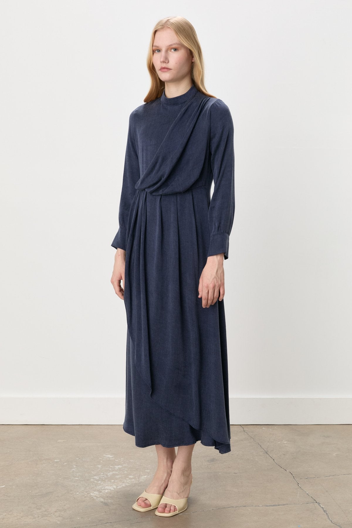 Premium Draped Elegant Cupra Dress - Navy Blue