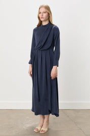 Premium Draped Elegant Cupra Dress - Navy Blue
