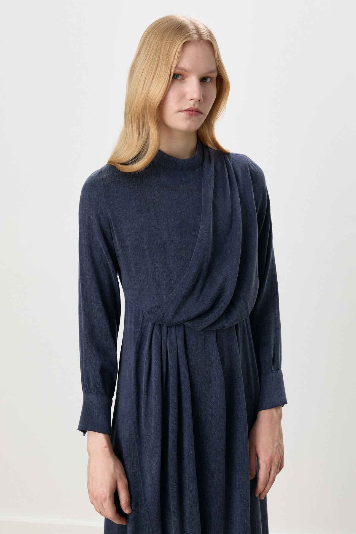 Premium Draped Elegant Cupra Dress - Navy Blue
