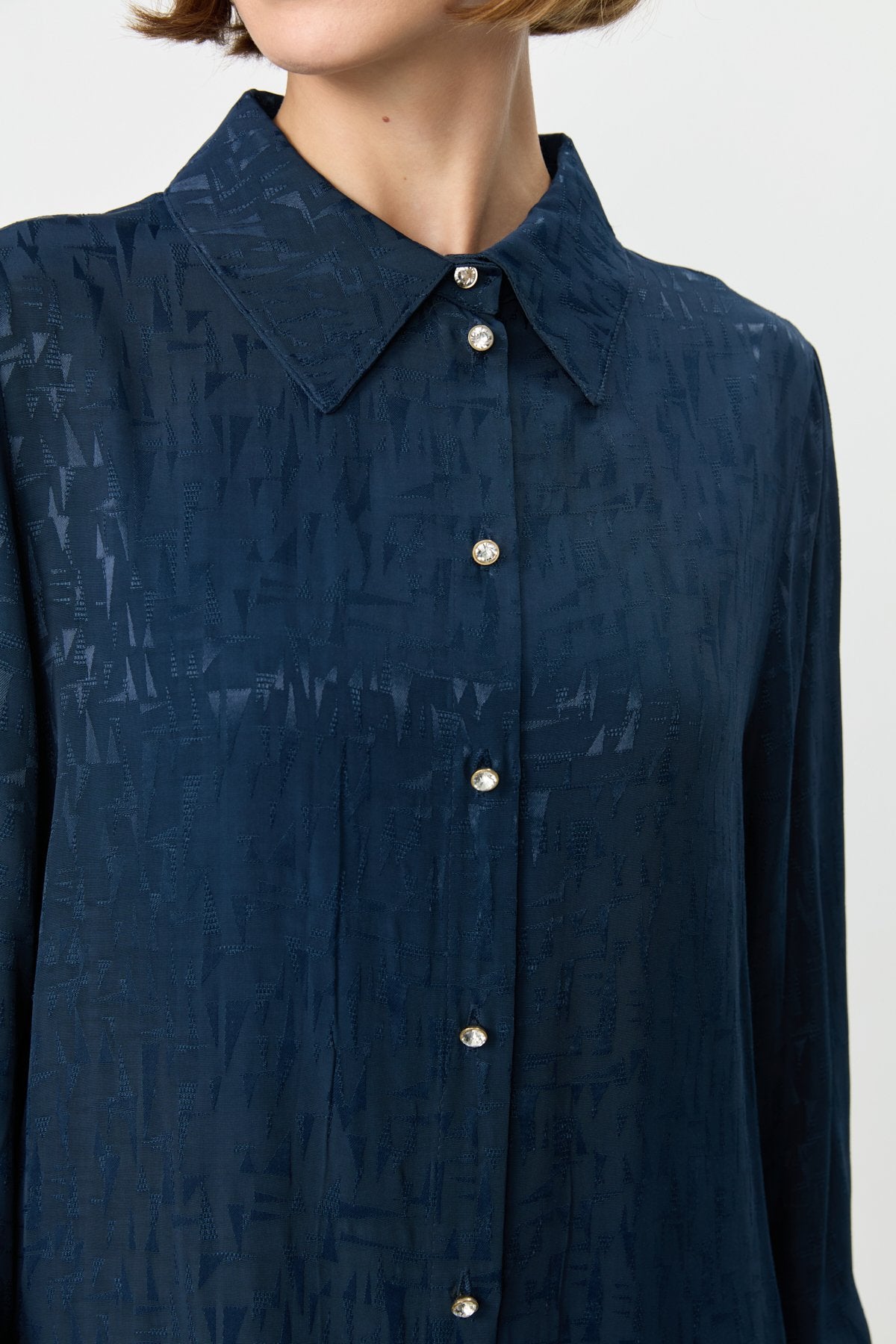 Premium Jacquard Tunic with Ostrich Feather Details - Navy Blue