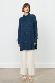 Premium Jacquard Tunic with Ostrich Feather Details - Navy Blue