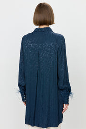 Premium Jacquard Tunic with Ostrich Feather Details - Navy Blue
