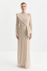 Sequin and Pearl Embellished Shoulder Detail Evening Dress - Beige