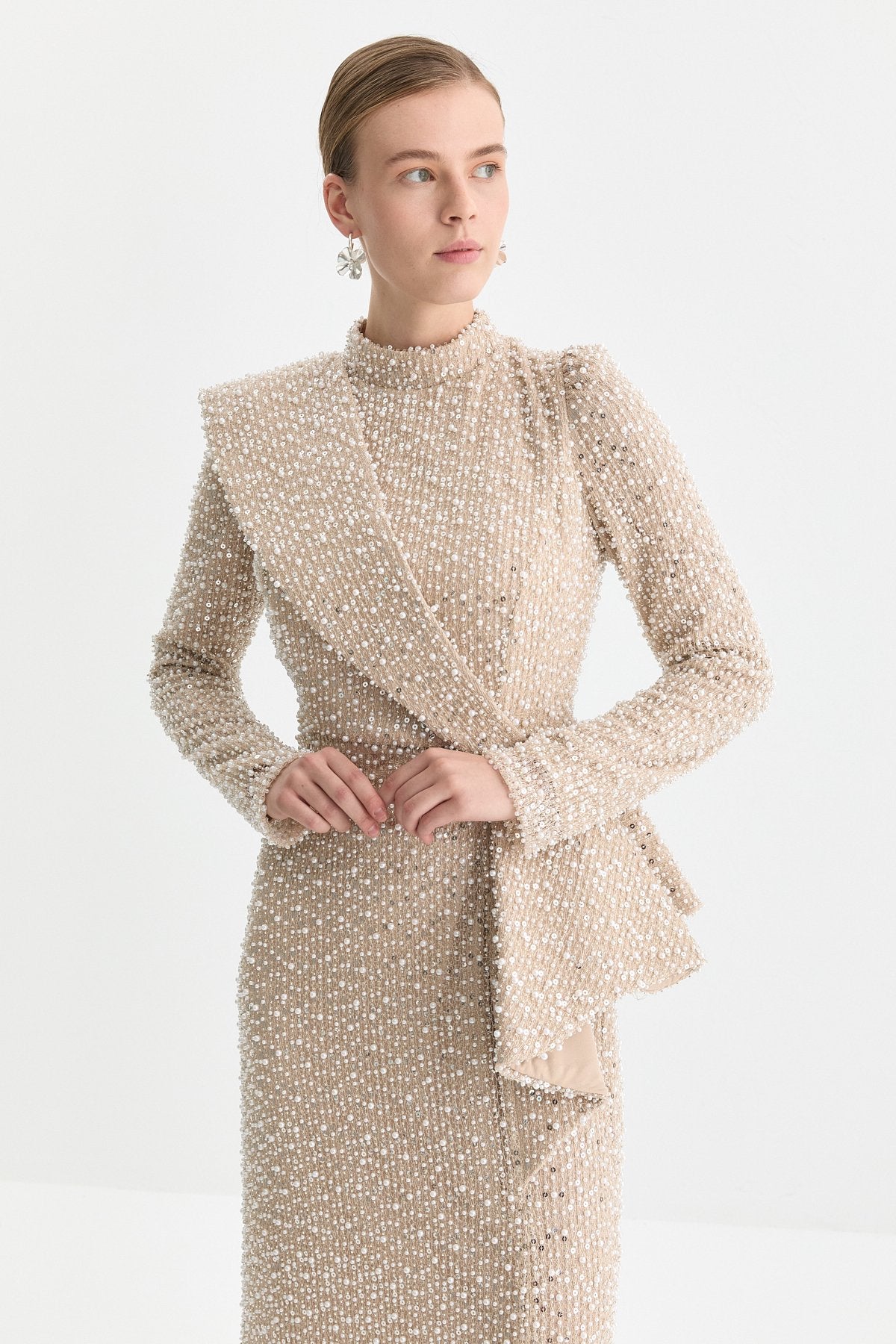 Sequin and Pearl Embellished Shoulder Detail Evening Dress - Beige