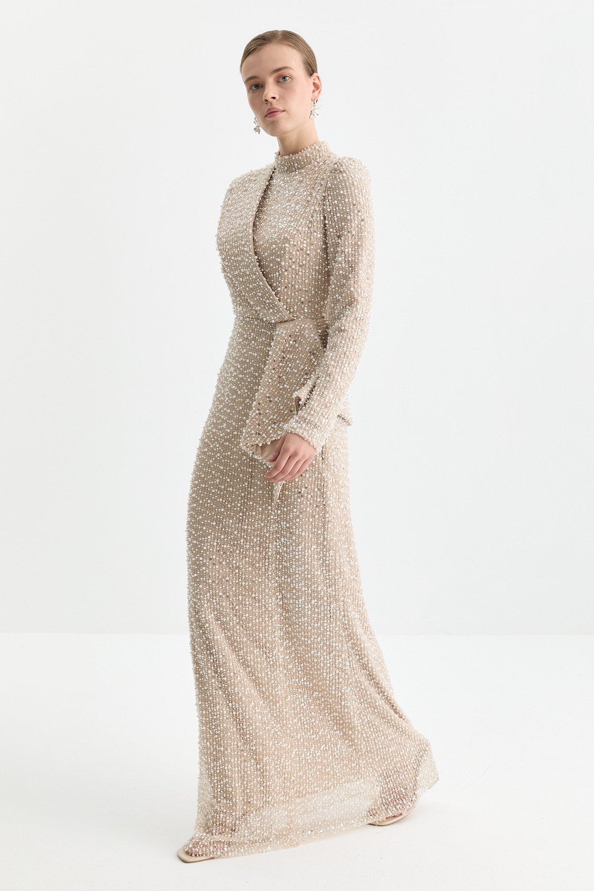Sequin and Pearl Embellished Shoulder Detail Evening Dress - Beige