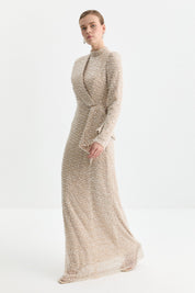 Sequin and Pearl Embellished Shoulder Detail Evening Dress - Beige