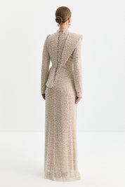 Sequin and Pearl Embellished Shoulder Detail Evening Dress - Beige