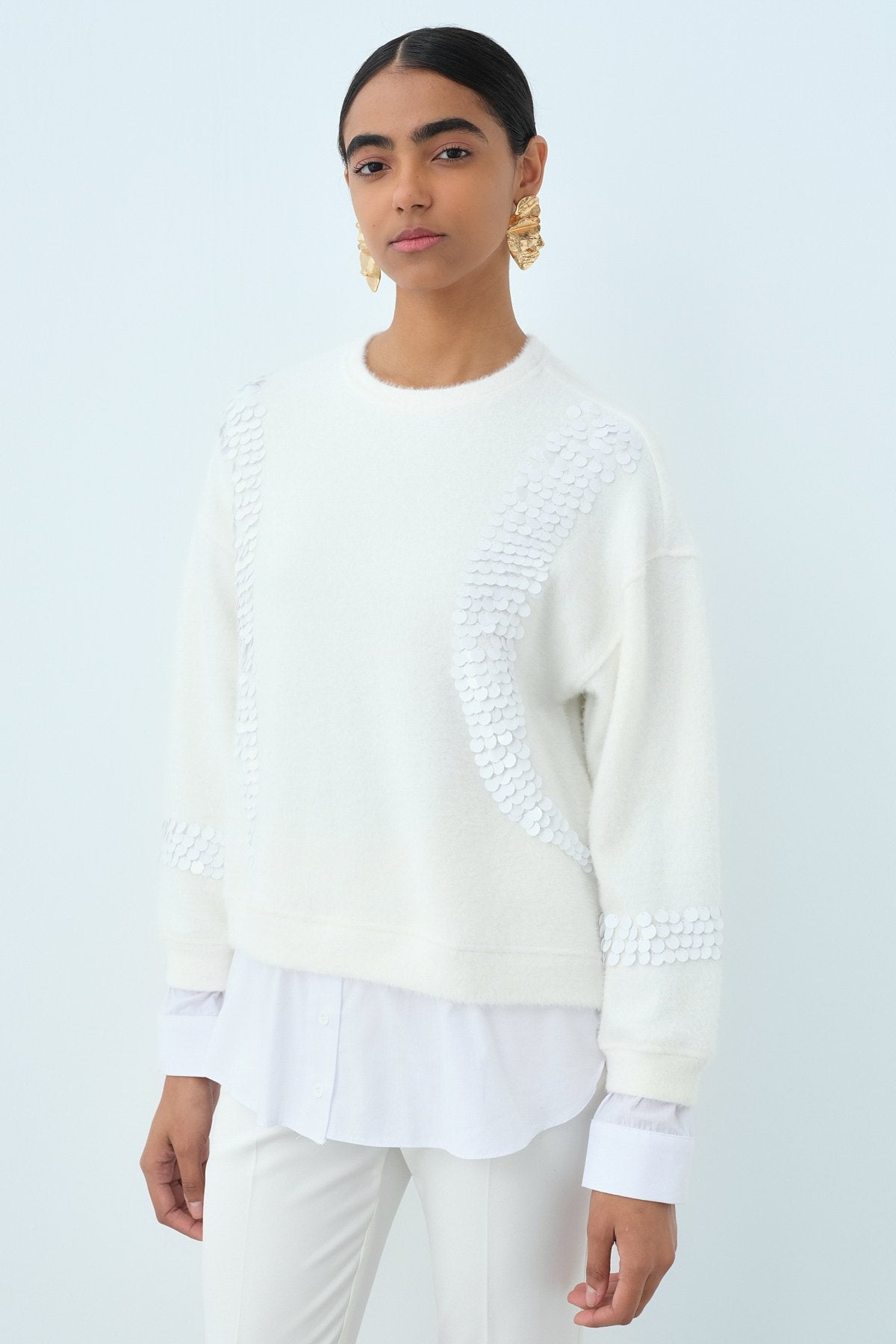 Pullu Gömlek Garni Angora Tunik - Ekru
