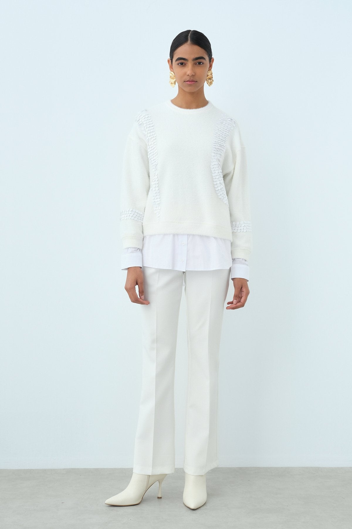 Sequined Shirt Garni Angora Tunic - Ecru