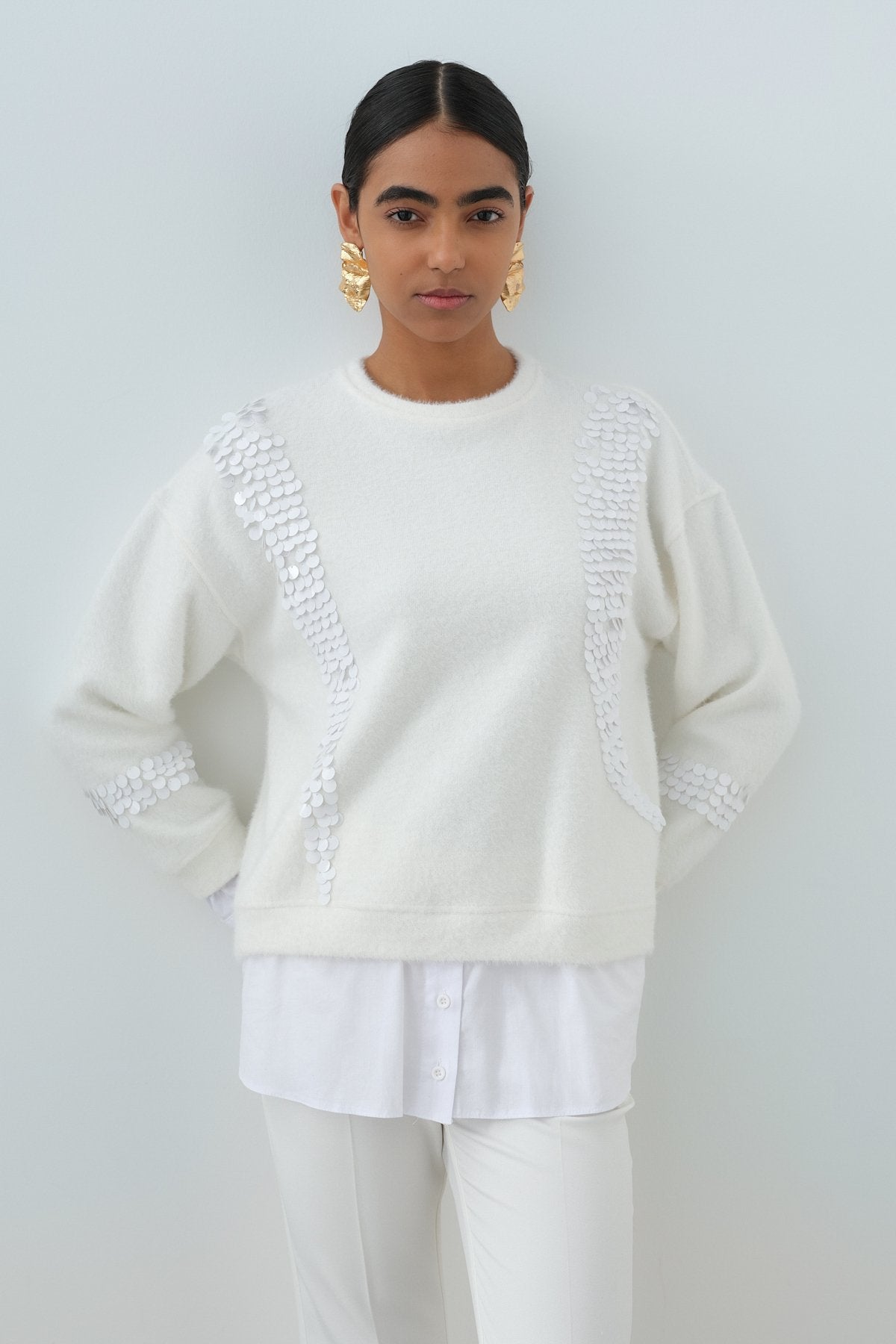 Sequined Shirt Garni Angora Tunic - Ecru