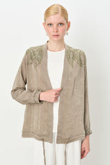 Relaxed Fit Satin Jacket with Blouse - Khaki